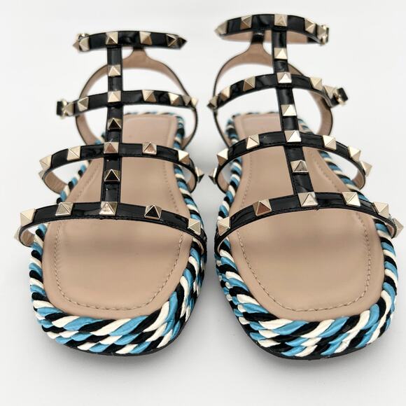 VALENTINO GARAVANI Rockstud Caged Leather Sandals EU 38 US 8 Blue Black Flats - Picture 2 of 11